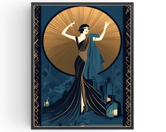 アールデコカクテルポスター：1920年代スタイルのフラッパープリント