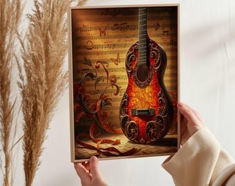 Classical Acoustic Guitar on A Musical Song Sheet Wall Art