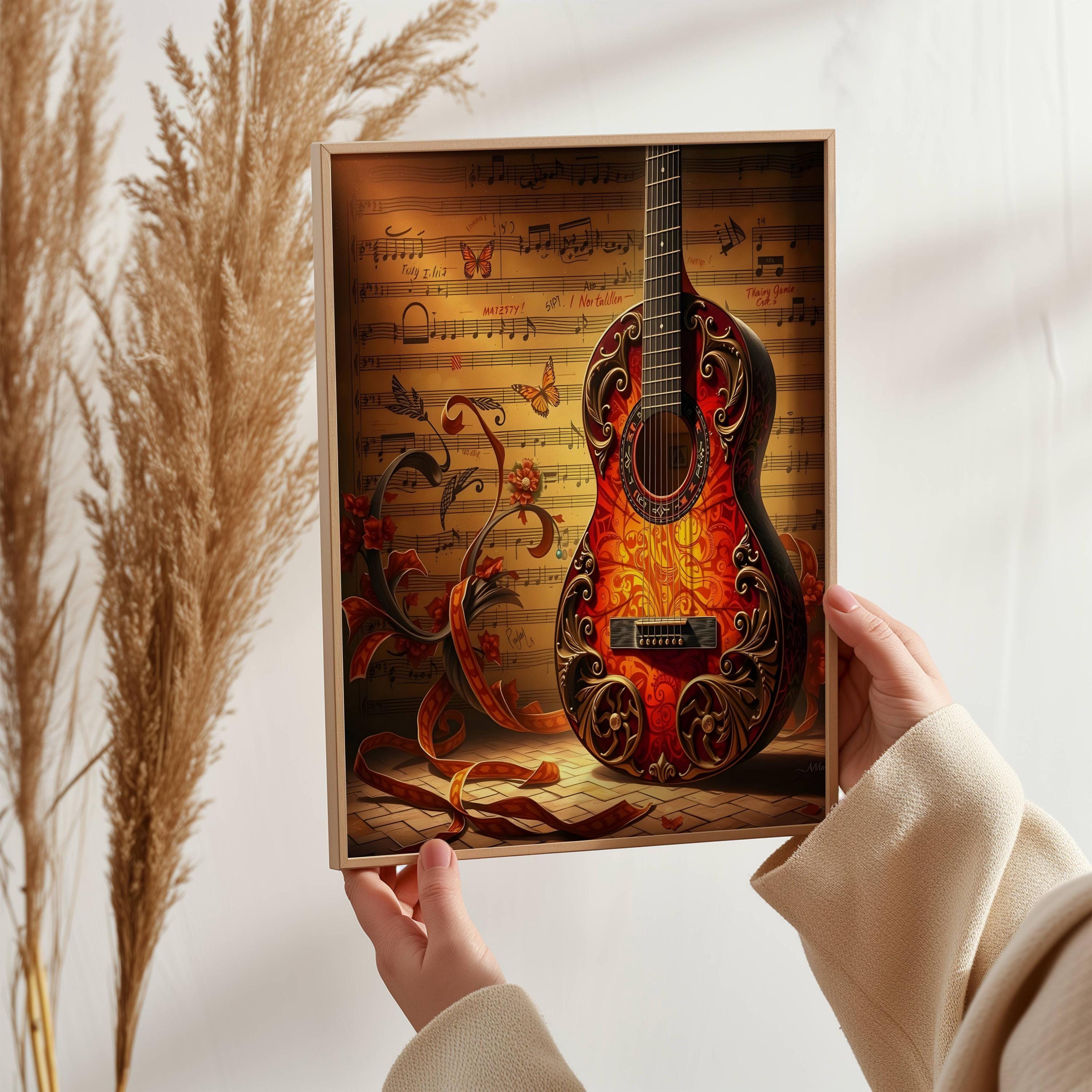 Classical Acoustic Guitar on A Musical Song Sheet Wall Art