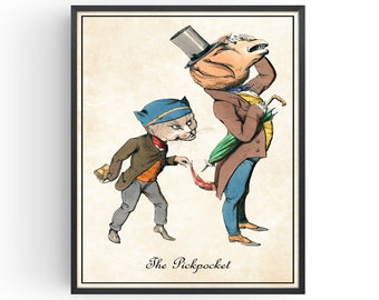 Cat and Goat as People - Pickpocket Poster Vintage Animal in Clothes Gothic Wall Art Steampunk Prints