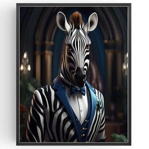 Póster de cebra con traje, animales vestidos, arte rupestre, impresiones divertidas, regalos para él, ideas navideñas