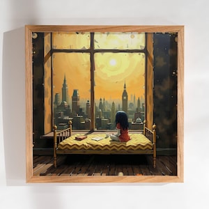 May include: A framed art print depicts a girl sitting on a bed, gazing out a large window at a cityscape bathed in a golden sunset. The bed has a yellow patterned comforter. The artwork is framed in a light wood.