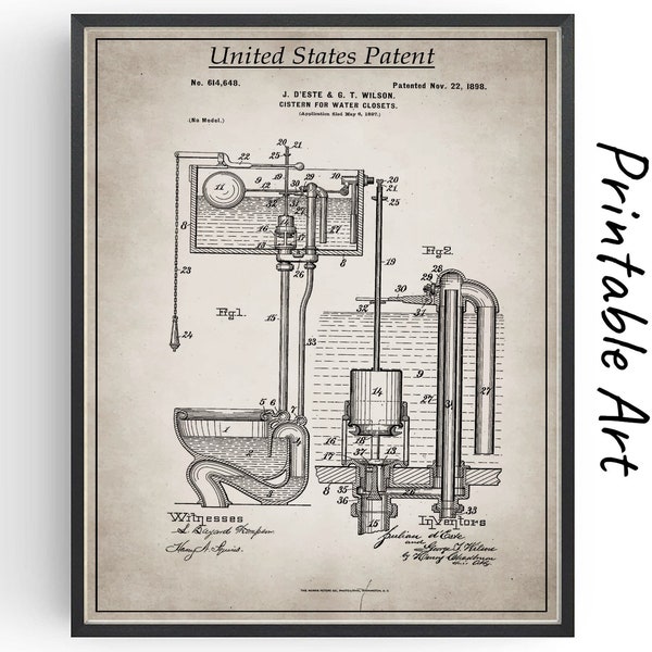 Printable Toilet Patent Download Prints Blueprint Poster Design Bathroom Wall Art