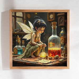 Op de afbeelding: Een ingelijste print met een fee met gouden vleugels, gekleed in groen en goud, die met glazen flessen werkt. De flessen bevatten kleurrijke vloeistoffen en zijn gelabeld. De print heeft een houten lijst en een vintage esthetiek.