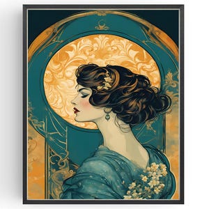 May include: Art Deco print depicting a woman in profile with dark hair and floral adornments. She wears a teal dress with floral details, set against a teal and gold backdrop. The artwork is framed in a black border, creating a vintage aesthetic.