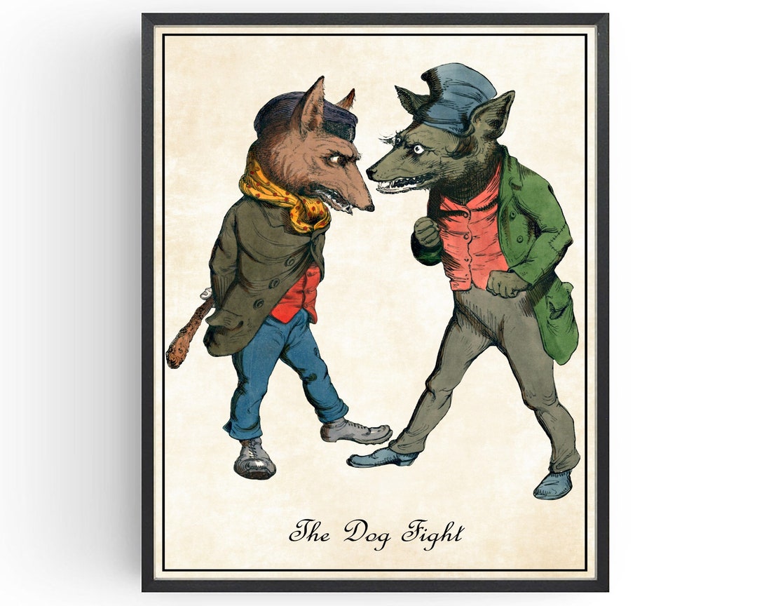 Dogs as People Vintage Animal in Clothes Fighting Poster Gothic Wall