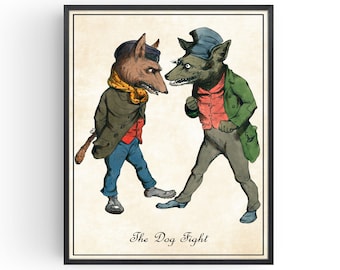 Dogs as People - Vintage Animal in Clothes Fighting Poster Gothic Wall Art Steampunk Illustrations