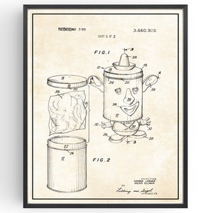 Op de afbeelding: Zwart-witte lijntekening van een patent voor een speelgoed. Het patent is voor een speelgoed dat een aardappelhoofd is. De patenttekening toont het speelgoed in verschillende posities. Het patentnummer is 3.660.926.