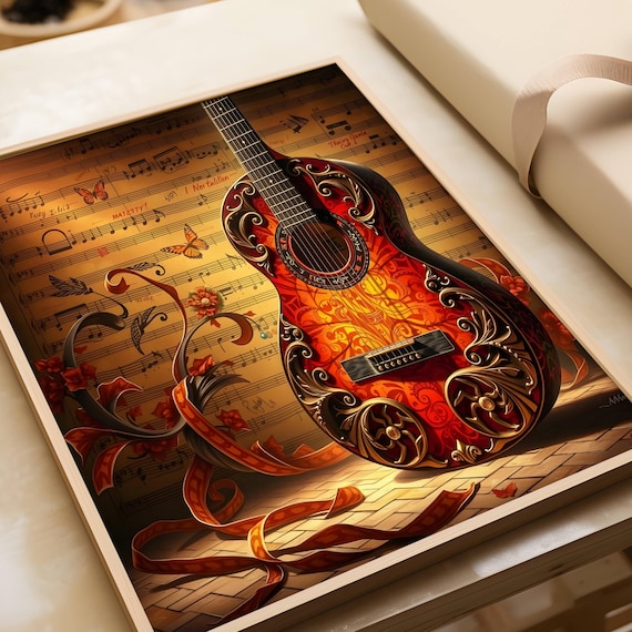 Classical Acoustic Guitar on A Musical Song Sheet Wall Art