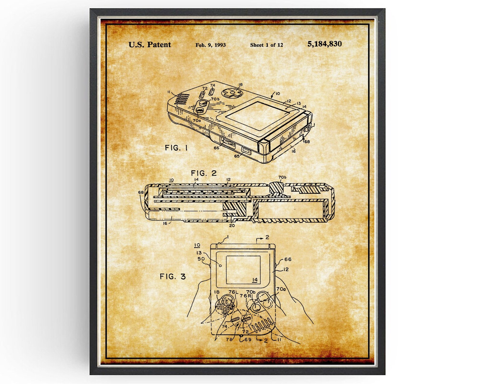 Nintendo Gameboy Patent Blueprint Console Game Design Bedroom Wall Art ...