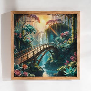 May include: A framed art print depicting a fantasy landscape with a wooden bridge over a river. The scene includes lush greenery, waterfalls, and colorful flowers. The artwork is set in a wooden frame.