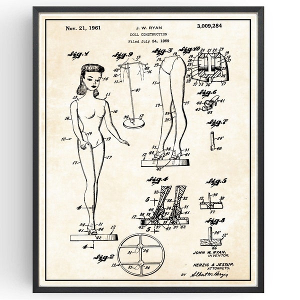 Barbie Doll Patent Blueprint Toy Design Print Bedroom Wall Art Office Poster Christmas Gift Idea