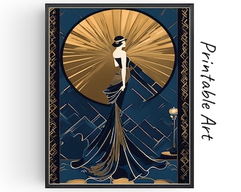 Puede incluir: Una impresión de arte digital que presenta a una mujer con un vestido largo azul oscuro con detalles dorados. Ella se encuentra sobre un fondo de formas geométricas azules y doradas, con un gran sol dorado detrás de ella.