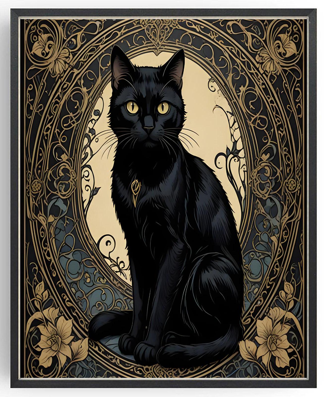 Art Nouveau Black Cat Print: Vintage Goblincore Wall Art - Etsy