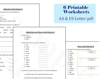 English Worksheet for children, printable english worksheet, adjectives and noun worksheet, homeschool english worksheet, classroom english