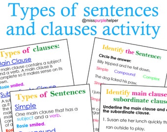 Types of sentences and clauses worksheets for KS1 / KS1 English worksheet / Educational poster / Educational printable / KS1 English writing