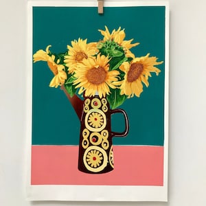 sunflower still life floral print, lino cut print