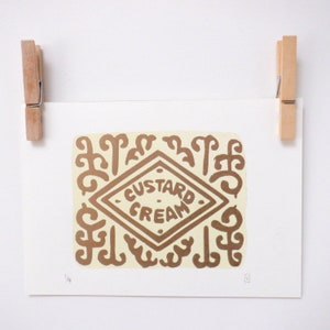 Custard cream biscuit linocut print. handmade lino print.food print.