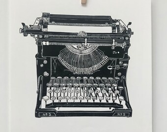 Vintage typewriter, lino cut print, handmade print
