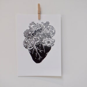 lino print, handmade print, heart and flower print.