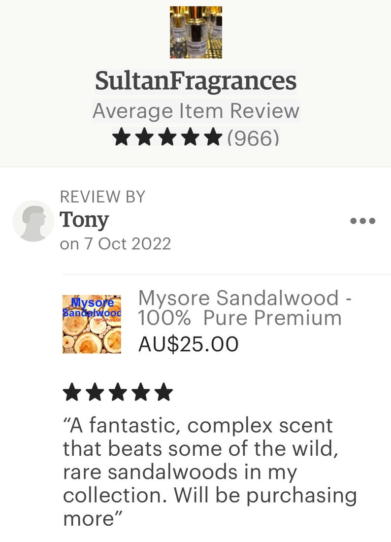 Op de afbeelding: Een vijfsterrenrecensie voor Mysore Sandelhout 100% Pure Premium olie, geprijsd op &euro; 25,00. De recensent beschrijft de geur als "fantastisch, complex" en zegt dat het "sommige van de wilde, zeldzame sandelhout in mijn collectie overtreft."