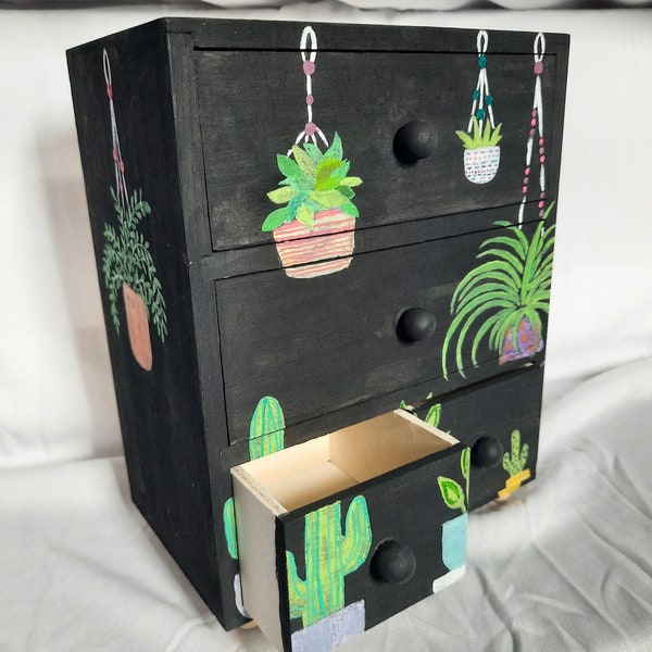 Hand Painted Plants and Succulents Mini Table Top Trinket Jewelry Wooden Box | Chest of Drawers | Unique