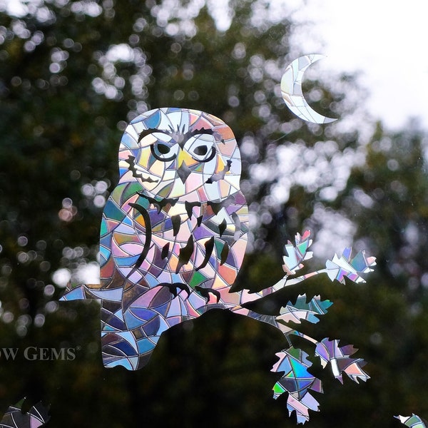 Owl window Gems - Rainbow Suncatcher - Save Birds from Window Collisions -  set of 11 clings