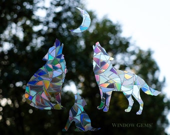 Wolves Window Gems - Rainbow Suncatchers - Save Birds from Window Collisions -  Pack of 9 Wolf Clings