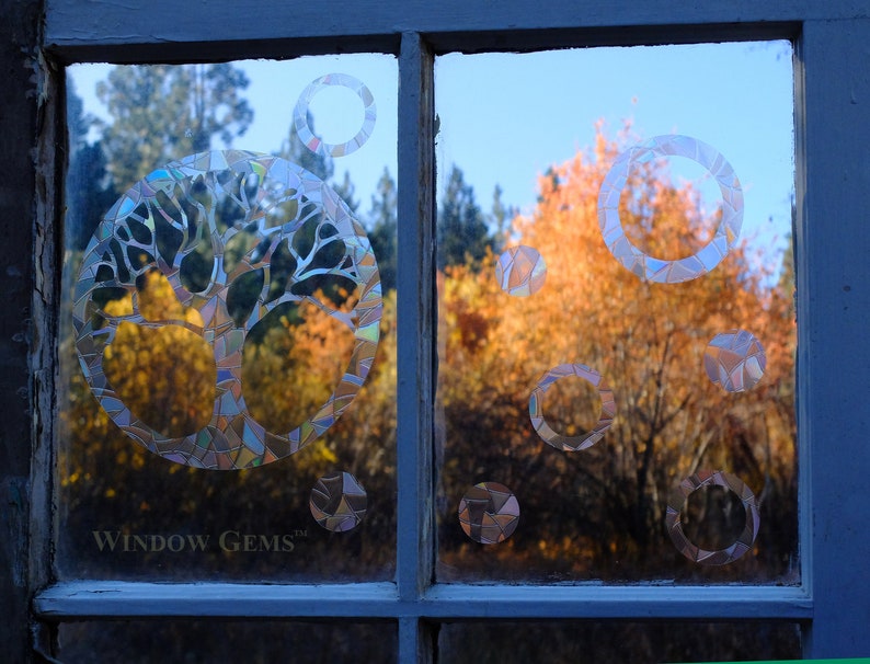 May include: A window with a decorative tree of life design and circles on the glass. The tree is made of iridescent mosaic pieces. The background is a blurry view of fall foliage.