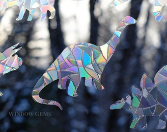 Mini Dinosaurs Window Gems - Rainbow Suncatchers - Save Birds from Window Collisions -  Pack of 7 Clings