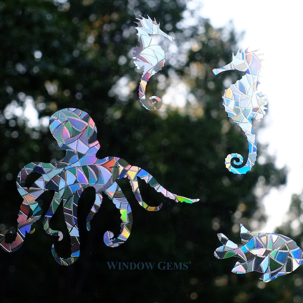 Ocean Creature Window Gems - Static Window Clings - Alert Birds to Windows - Prevent Window Collisions - Set of 10 Decals