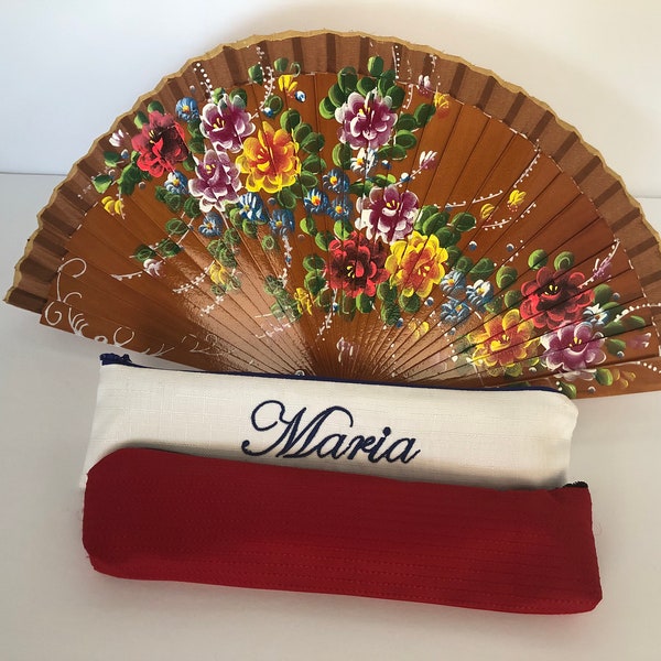 Hand Painted Wooden Fan, Spanish Abanico with Personalized Name in Embroidery Bag. Gift. Flamenco. Bridesmaids, Birthday,Wedding
