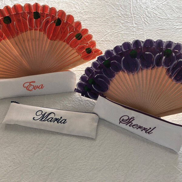 Hand Painted Wooden Fan, Spanish with Personalized Name in Embroidery Bag. Gift. Flamenco. Bridesmaids, Birthday,Wedding. Mother's Day.