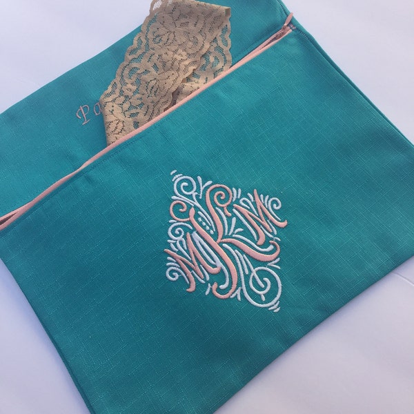 Personalized Embroidered Lingerie Travel bag. Monogram  for Underwear Socks Shoes  Carry On organizer Turquoise Gift, Bridal, Birthday,