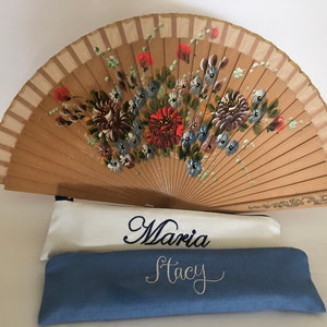 Hand Painted Wooden Fan, Spanish Abanico with Personalized Name in Embroidery Bag. Gift. Flamenco. Bridesmaids, Birthday,Wedding.