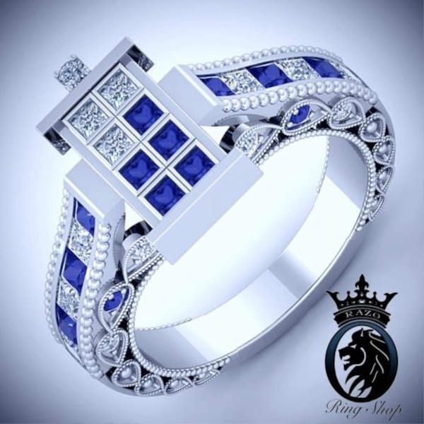 Doctor Who TARDIS Inspired White Gold Diamond Sapphire Engagement Ring