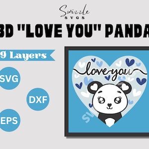 3D &quot;Love You&quot; Panda Shadow Box SVG for Cricut and Silhouette - Layered Cardstock Paper Digital Download with svg, dfx, and eps
