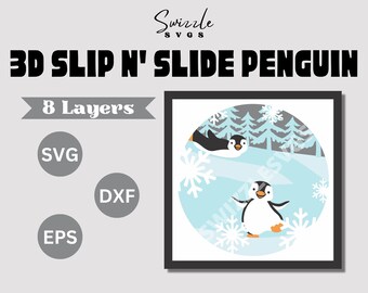 May include: A 3D paper craft design of two penguins sliding on ice with a snowy forest background. The design is titled "3D Slip N' Slide Penguin" and includes 8 layers. The design is available in SVG, DXF, and EPS formats.