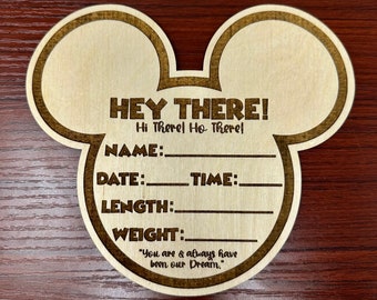 Mickey Mouse, Baby Announcement Sign, Wooden Newborn Photo Prop, Hello World, New Baby, Engraved Stat Sign