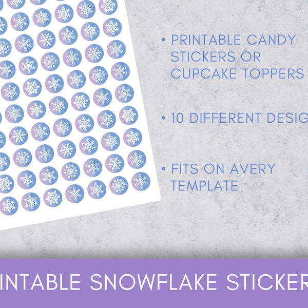 Snowflake cupcake toppers or Hershey Kiss candy stickers/ INSTANT DOWNLOAD/Fits Avery labels