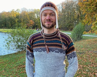 Hellgrauer Alpaka Herrenpullover - Strickjacke, Strickpulli - Gestrickt mit Alpaka Wolle Mix - Weihnachtspullover als perfektes Geschenk