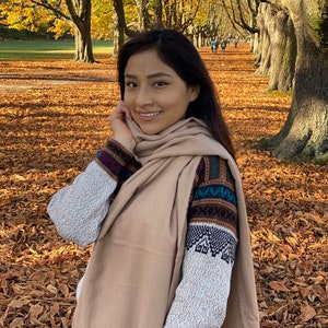 Alpaca Wool Scarf — Camel Brown Handwoven Shawl, Unisex Winter Pashmina from Peru