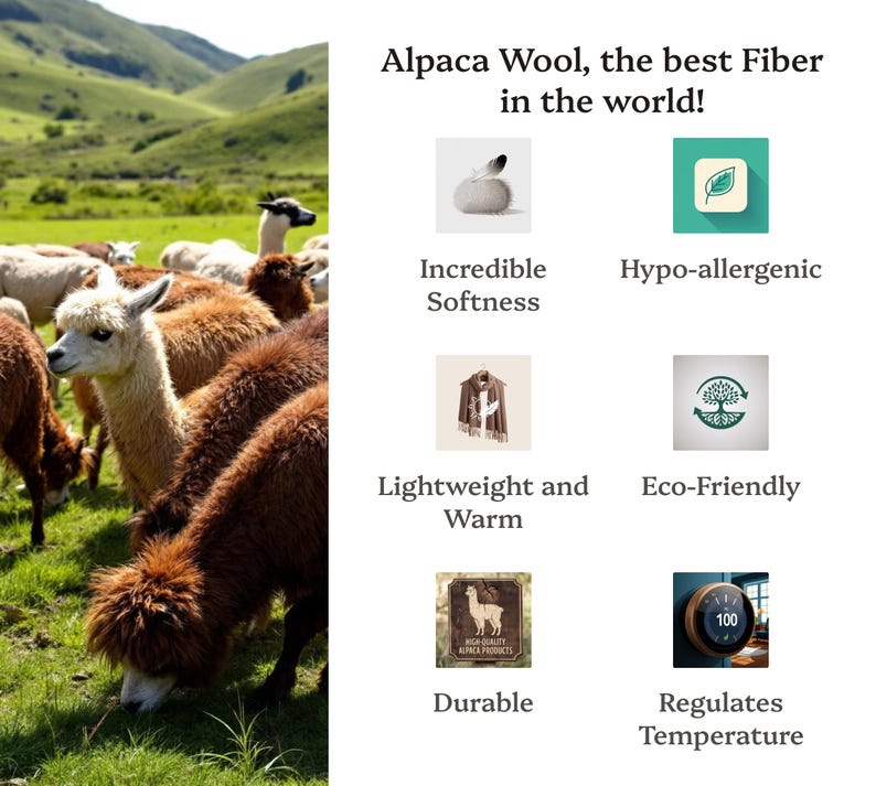 May include: A group of alpacas grazing in a field. The image includes text that reads "Alpaca Wool, the best Fiber in the world!" and lists the benefits of alpaca wool, including incredible softness, hypoallergenic, lightweight and warm, eco-friendly, durable, and regulates temperature.