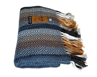 Blue - Brown alpaca blanket - Peruvian alpaca wool blanket, perfect gift, warm and cozy