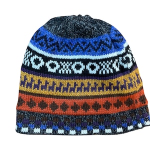May include: A black, blue, white, orange, and brown knitted beanie with a geometric pattern.