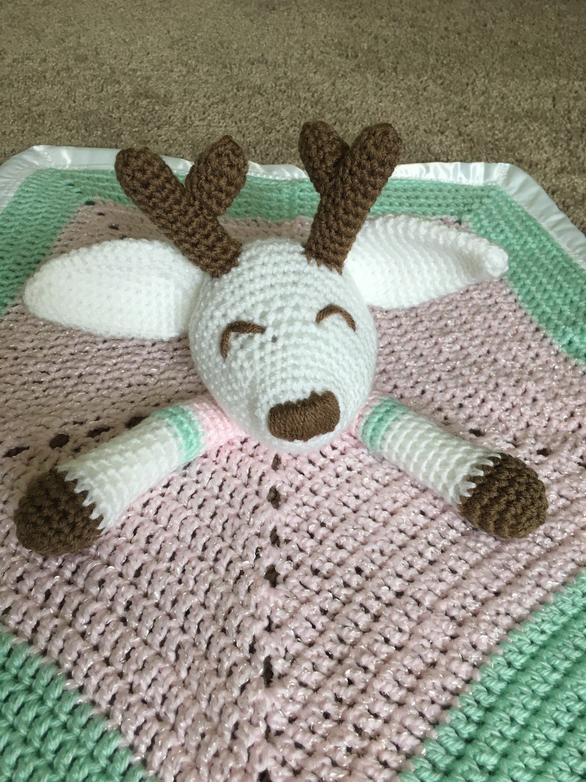 Crochet Amigurumi Deer Lovey Pink/mint Baby Blanket Etsy