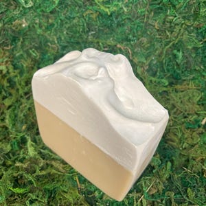 May include: A two-toned bar of soap with a light beige bottom and a white, textured top. The soap is rectangular and sits on a bed of green moss. The top of the soap has a sculpted design.