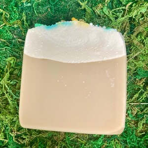 May include: A rectangular bar of soap with a light brown base and a white top. The top edge has a blue and yellow accent with small white beads. The soap is set against a background of green moss.