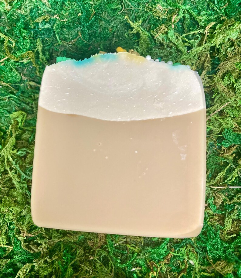 May include: A rectangular bar of soap with a light brown base and a white top. The top edge has a blue and yellow accent with small white beads. The soap is set against a background of green moss.