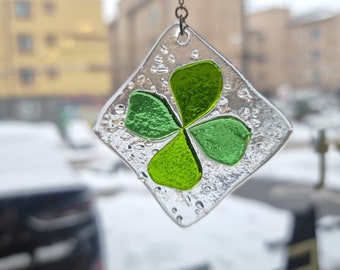 Four leaf clover, Stained glass Four leaf clover, Four leaf clover gift, Glass fusing suncatcher